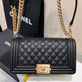 CHANEL BOY BAG MEDIUM 25 BLACK CAVIAR GOLD HARDWARE