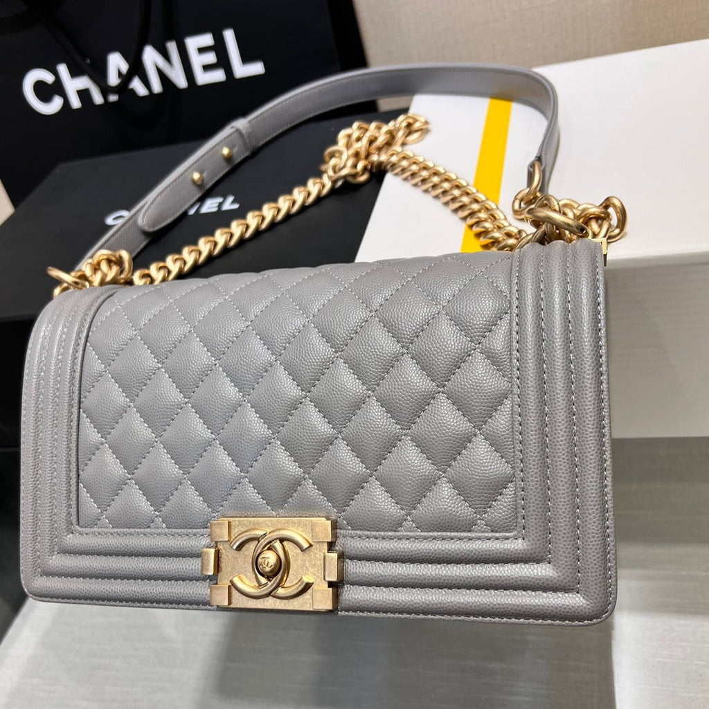CHANEL BOY BAG MEDIUM 25 GREY CAVIAR GOLD HARDWARE