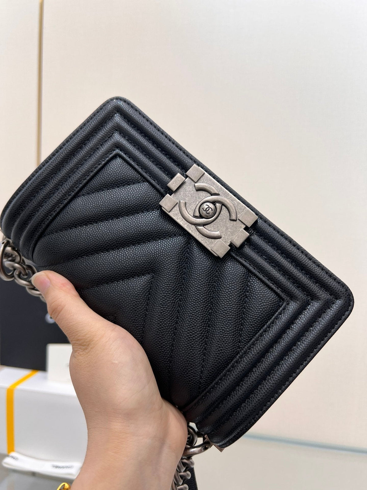 CHANEL BOY BAG SMALL 20 BLACK CHEVRON CAVIAR RUTHENIUM HARDWARE