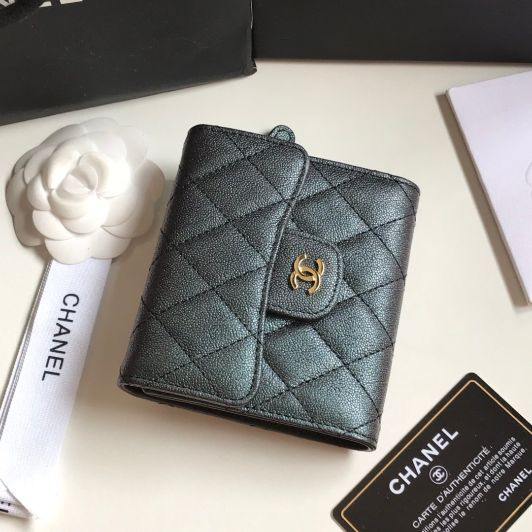 CHANEL FLAP CARD HOLDER 11.5 BLACK GRAINED CALFSKIN GOLD ICON