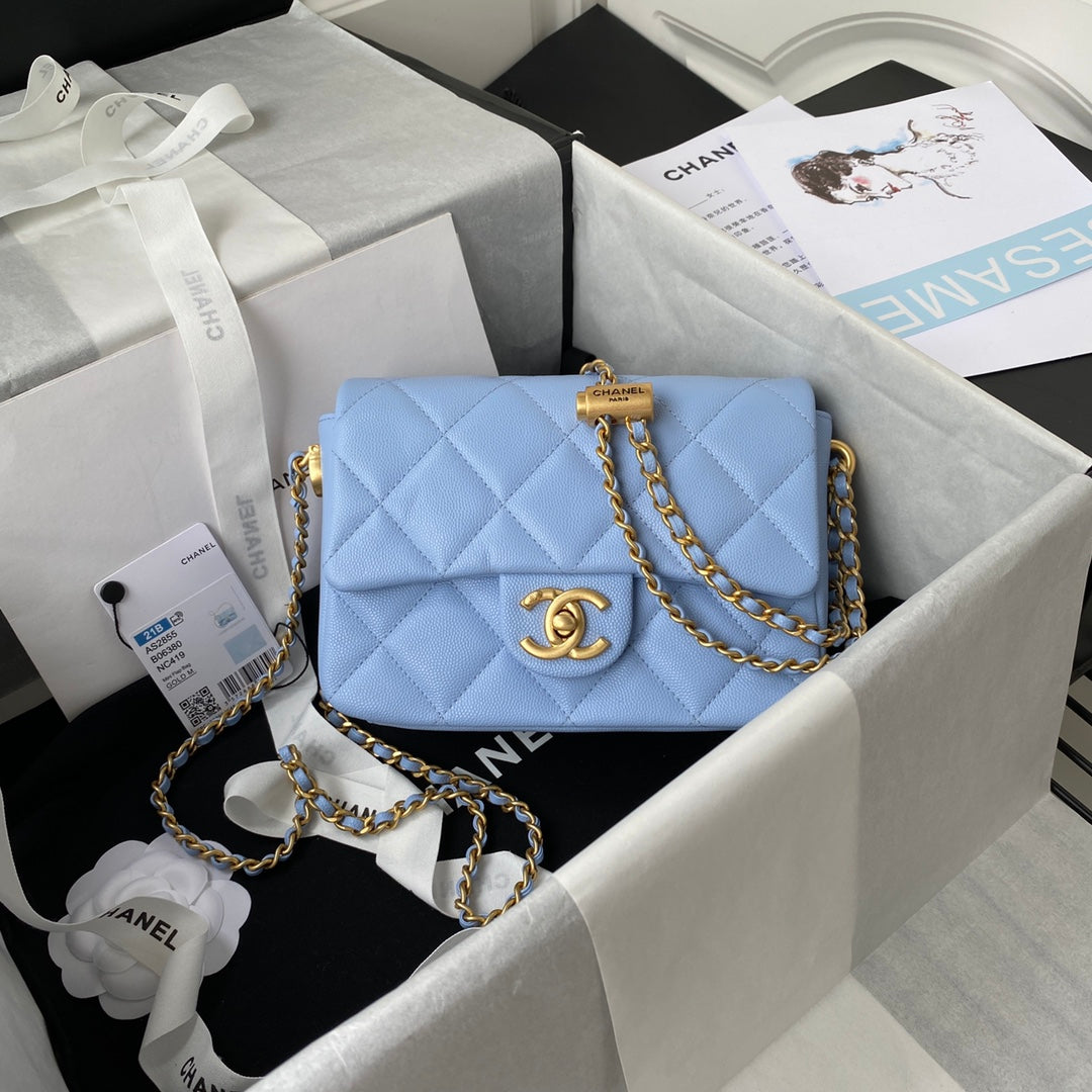 CHANEL 25S CLASSIC FLAP 19 CM IN PASTEL BLUE CAVIAR LEATHER WITH GOLD HARDWARE