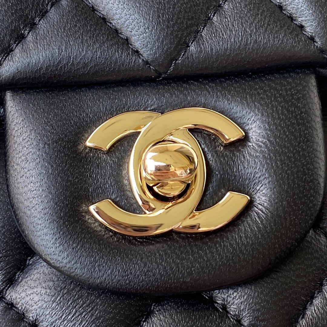 CHANEL 25S MINI FLAP BAG WITH TOP HANDLE 20 IN BLACK CALFSKIN GOLD HARDWARE