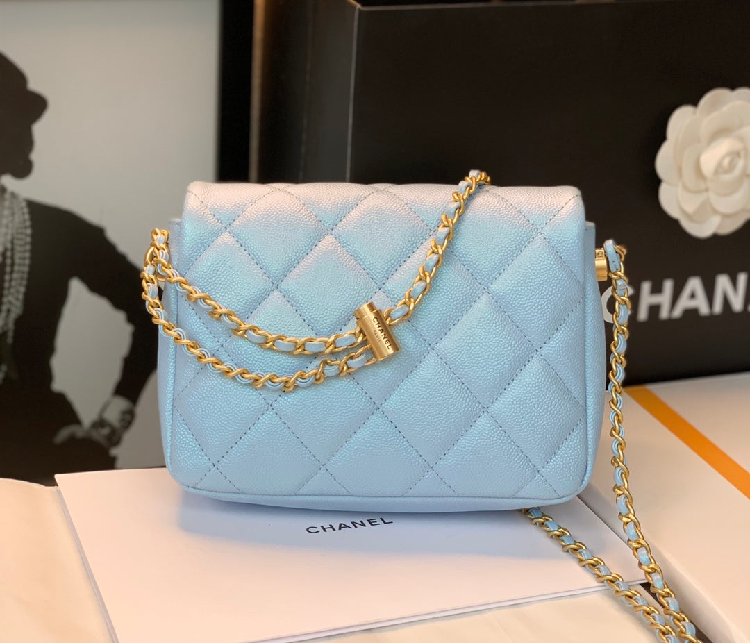 CHANEL 25S CLASSIC FLAP 19 CM IN LIGHT BLUE CAVIAR LEATHER WITH GOLD HARDWARE