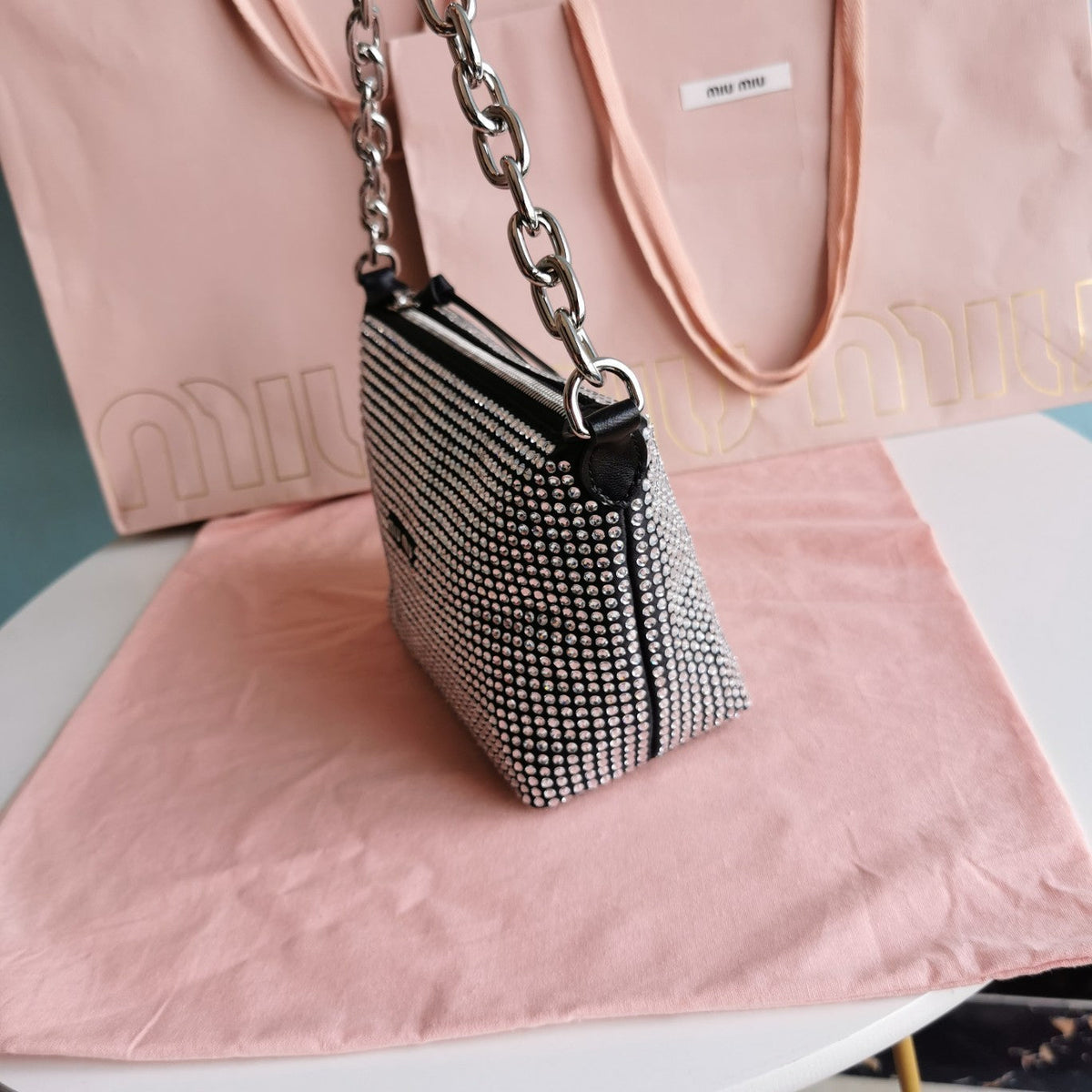 HANDBAG 19 IN BLACK CALFSKIN WITH CRYSTAL