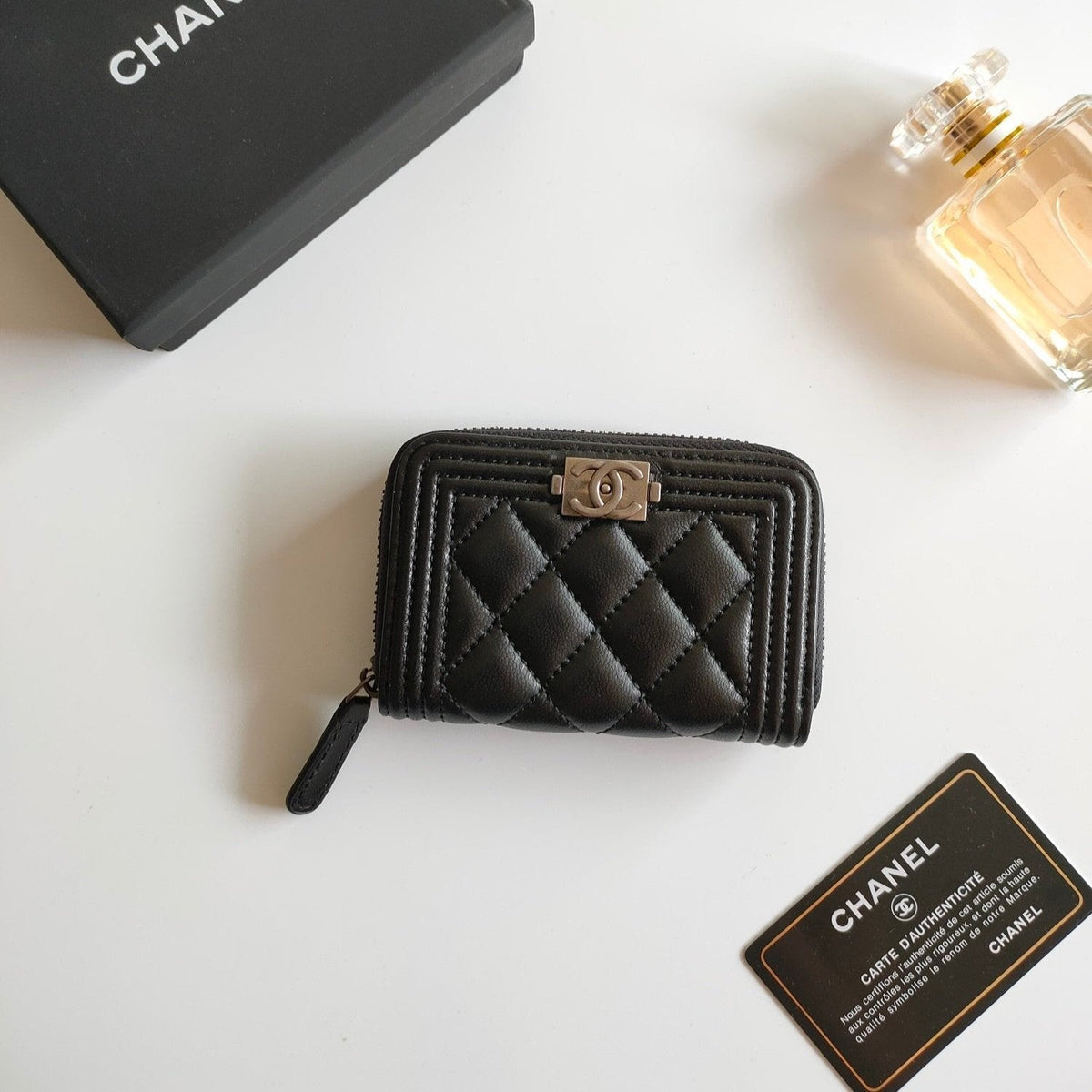 CHANEL BOY ZIP COIN PURSE 11.5 BLACK GRAINED CALFSKIN ICON