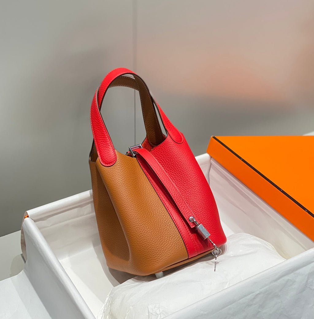 HERMES 25S PICOTIN LOCK 18 IN GOLDEN BROWN AND RED CALFSKIN SILVER HARDWARE