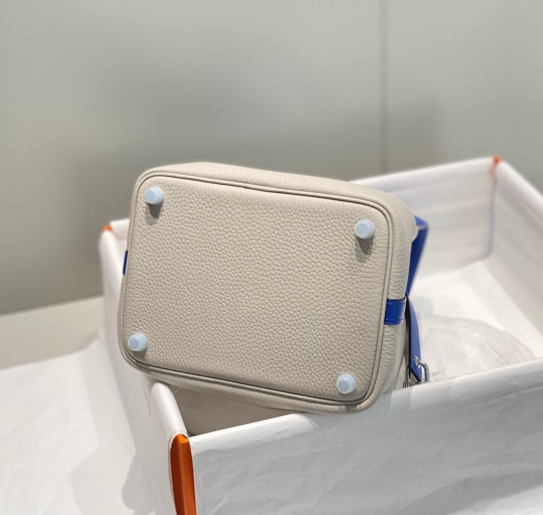 HERMES 25S PICOTIN LOCK 18 IN PEARL GRAY AND ELECTRIC BLUE CALFSKIN SILVER HARDWARE