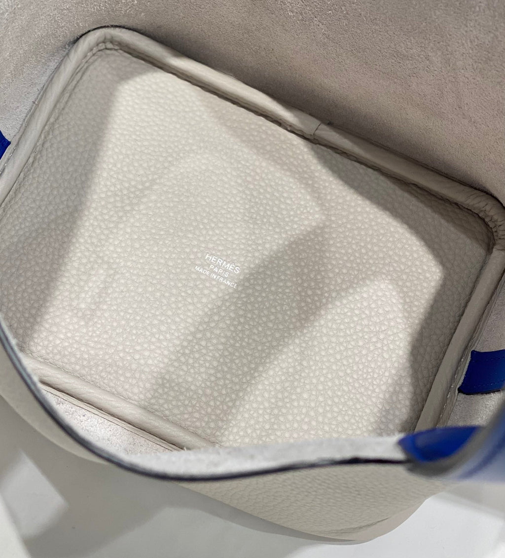 HERMES 25S PICOTIN LOCK 18 IN PEARL GRAY AND ELECTRIC BLUE CALFSKIN SILVER HARDWARE