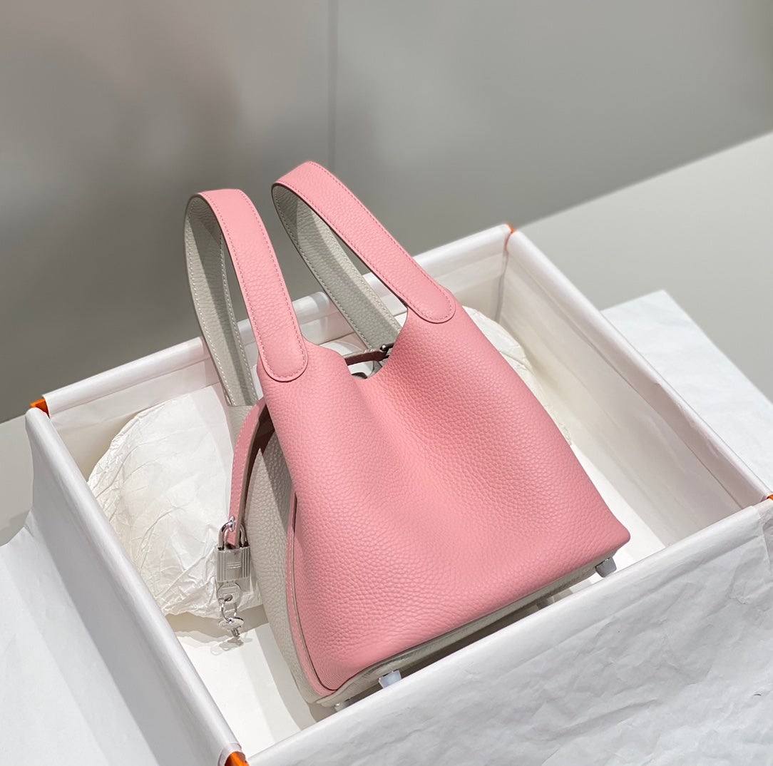 HERMES 25S PICOTIN LOCK 18 IN PINK AND LIGHT GRAY CALFSKIN SILVER HARDWARE