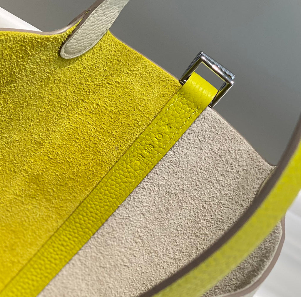 HERMES 25S PICOTIN LOCK 18 IN WHITE AND LEMON YELLOW CALFSKIN SILVER HARDWARE