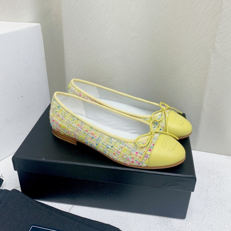 CHANEL ballet flat yellow red blue tweed grosgrain
