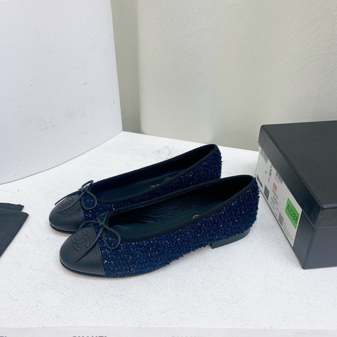 CHANEL ballet flat dark blue tweed black grosgrain