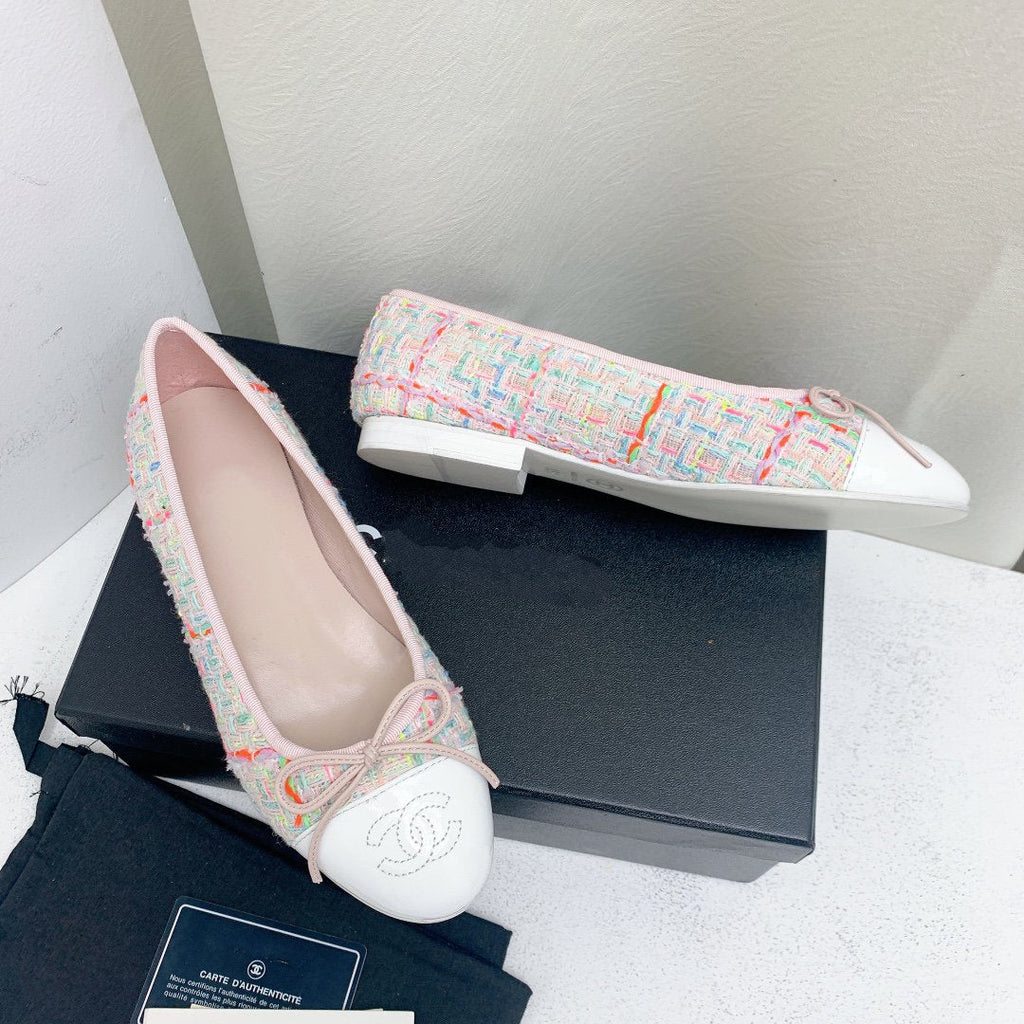 CHANEL ballet flat pink red white tweed grosgrain