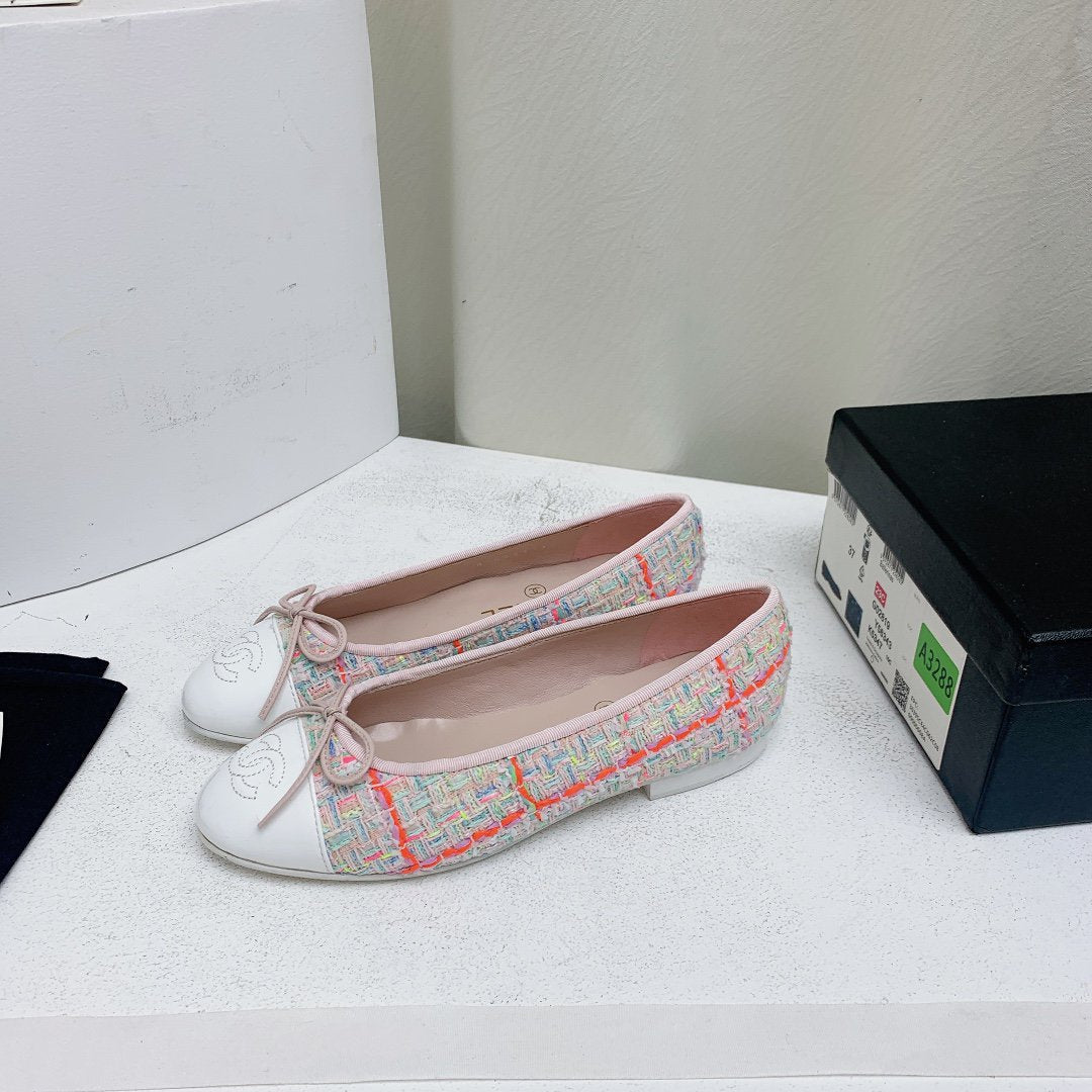 CHANEL ballet flat pink red white tweed grosgrain