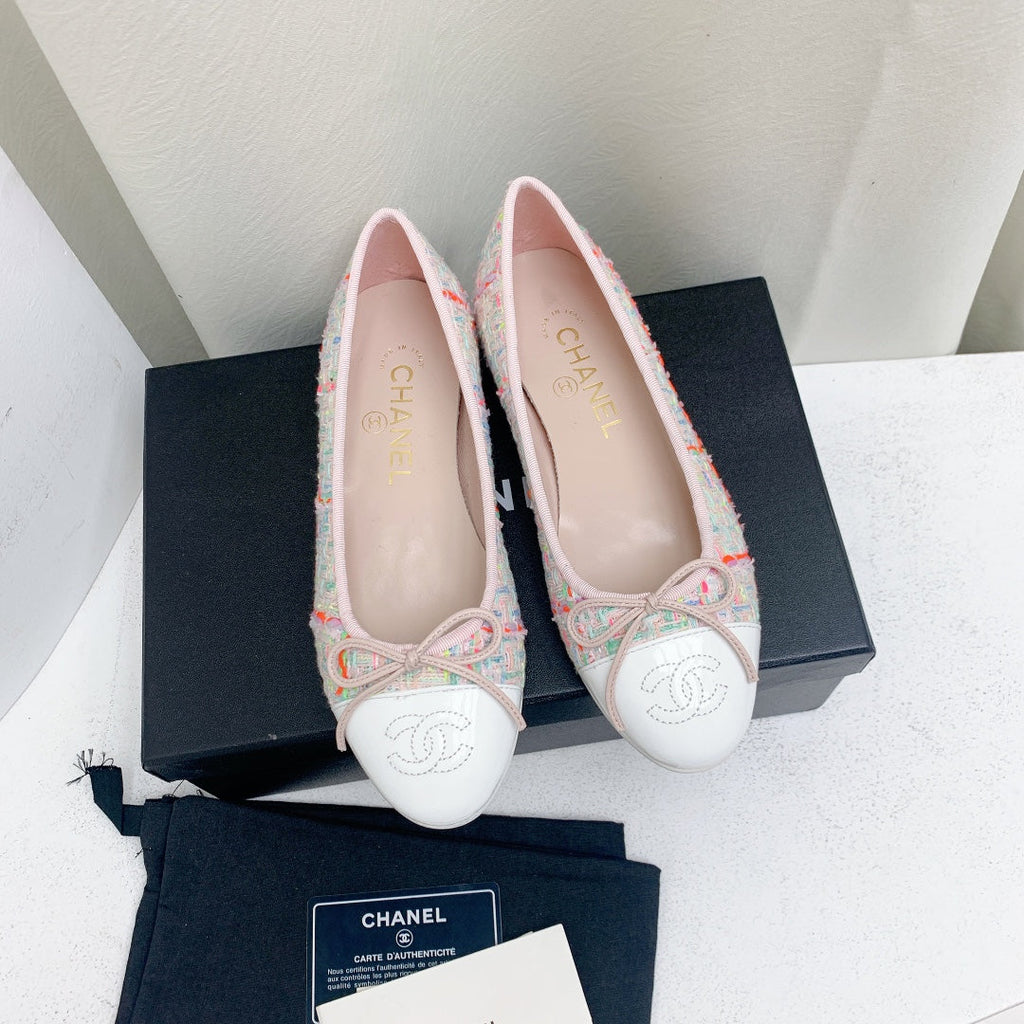 CHANEL ballet flat pink red white tweed grosgrain