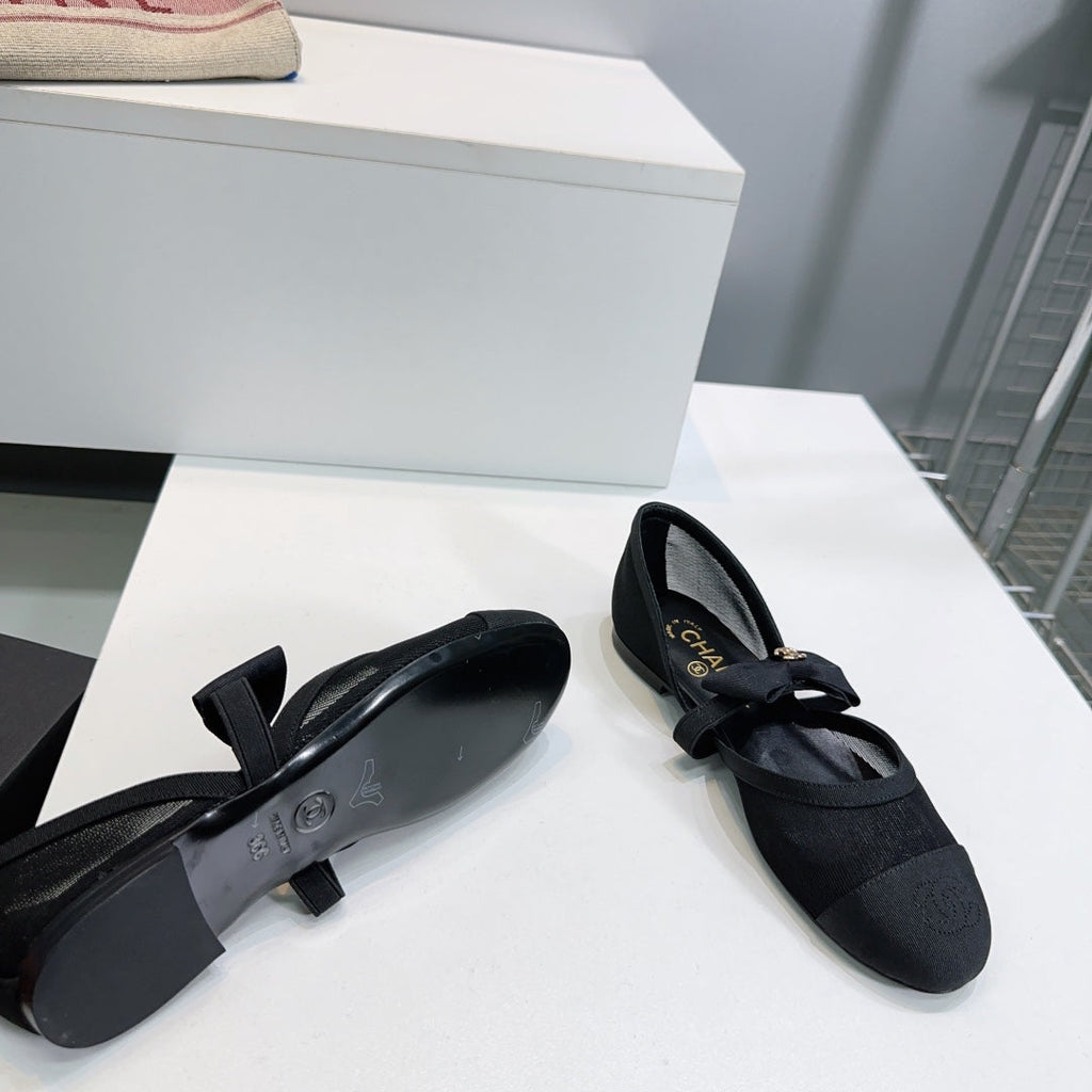 CHANEL FLAT MARY JANE SHOES 25S IN BLACK MESH FABRIC EMBOSSED LOGO WITH BOW