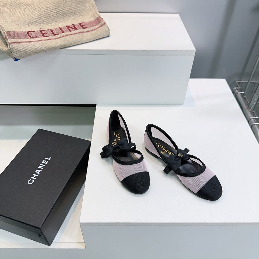 CHANEL FLAT MARY JANE SHOES 25S IN LIGHT PURPLE MIX BLACK MESH FABRIC EMBOSSED LOGO WITH BOW