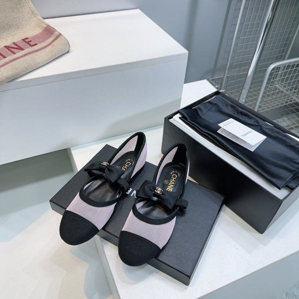 CHANEL FLAT MARY JANE SHOES 25S IN LIGHT PURPLE MIX BLACK MESH FABRIC EMBOSSED LOGO WITH BOW