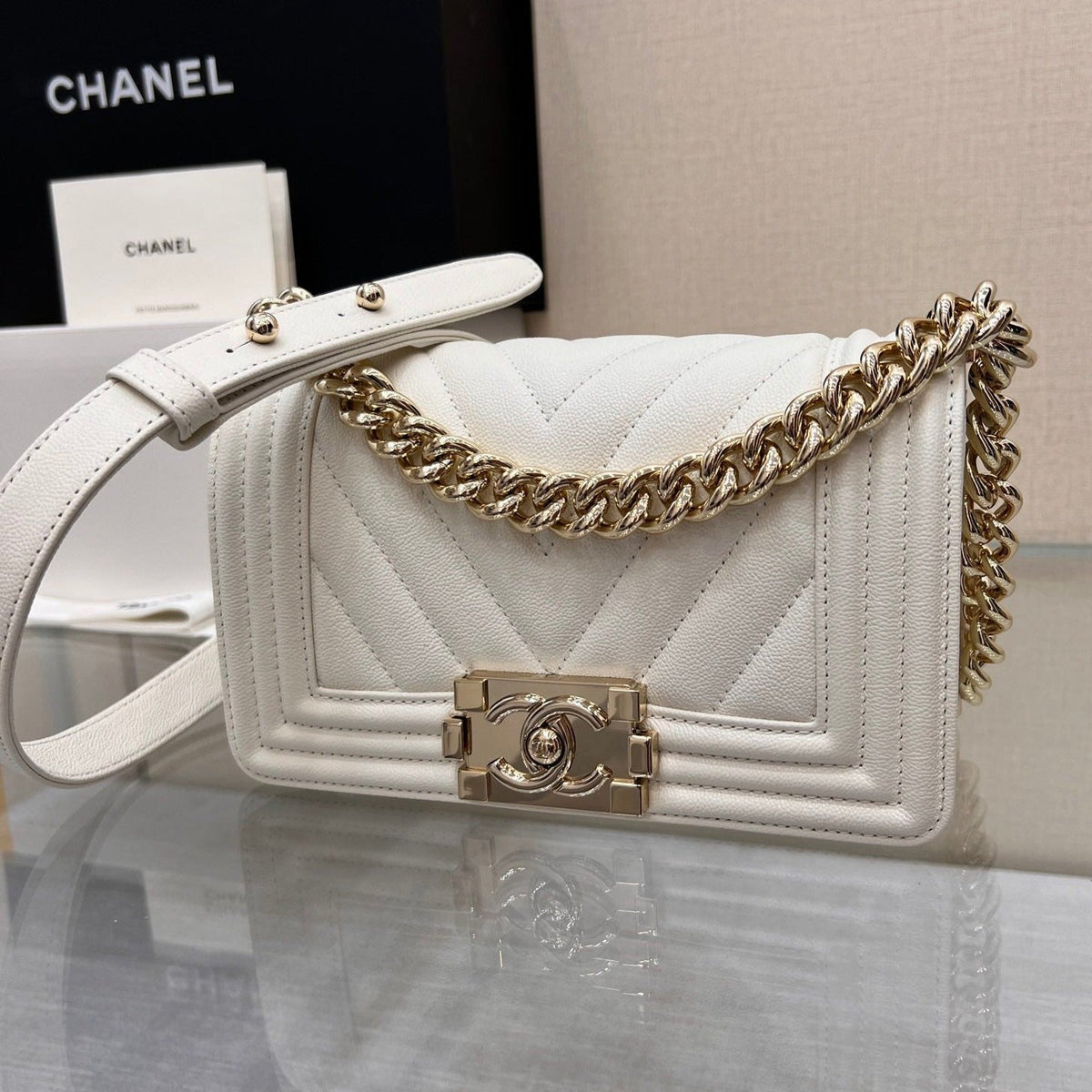 CHANEL BOY BAG SMALL 20 WHITE CHEVRON CAVIAR GOLD HARDWARE