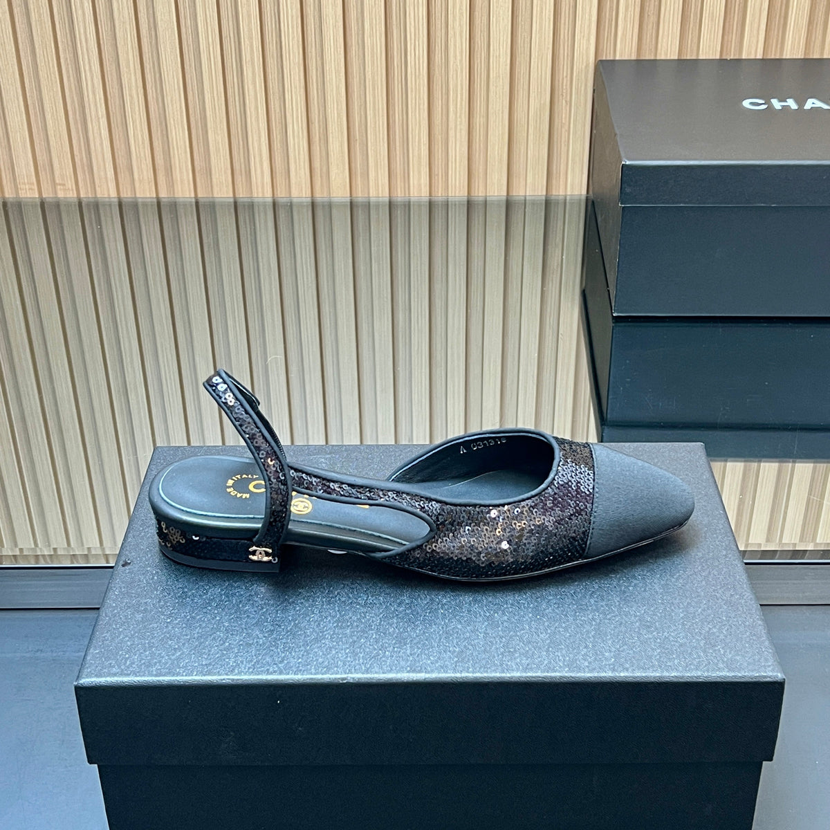 CHANEL 25S SLINGBACK SHOES IN BLACK EMBELLISHED WITH SPARKLES CANVAS