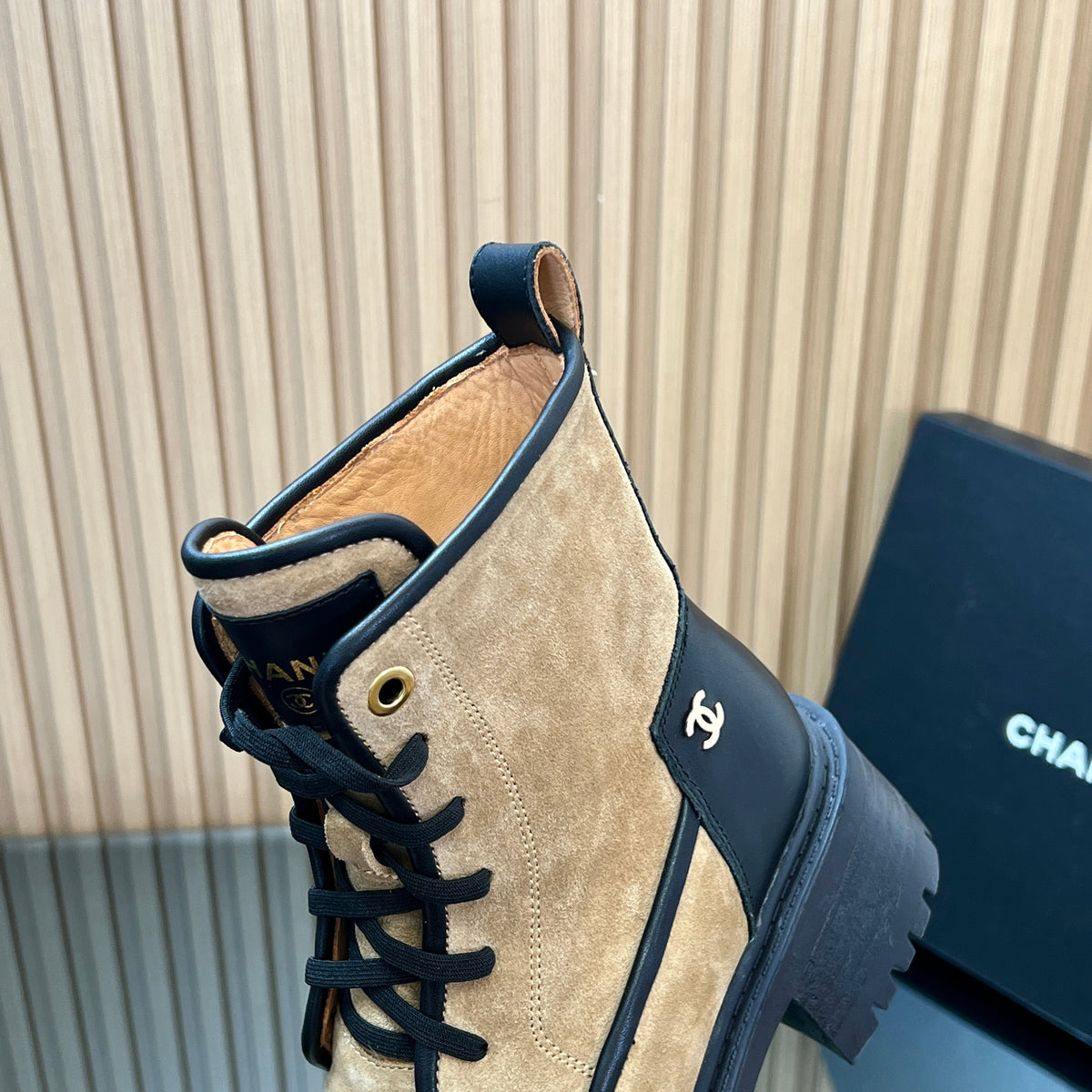 CHANEL 25S LACE-UP ANKLE BOOTS IN BROWN BLACK SUEDE AND CALFSKIN