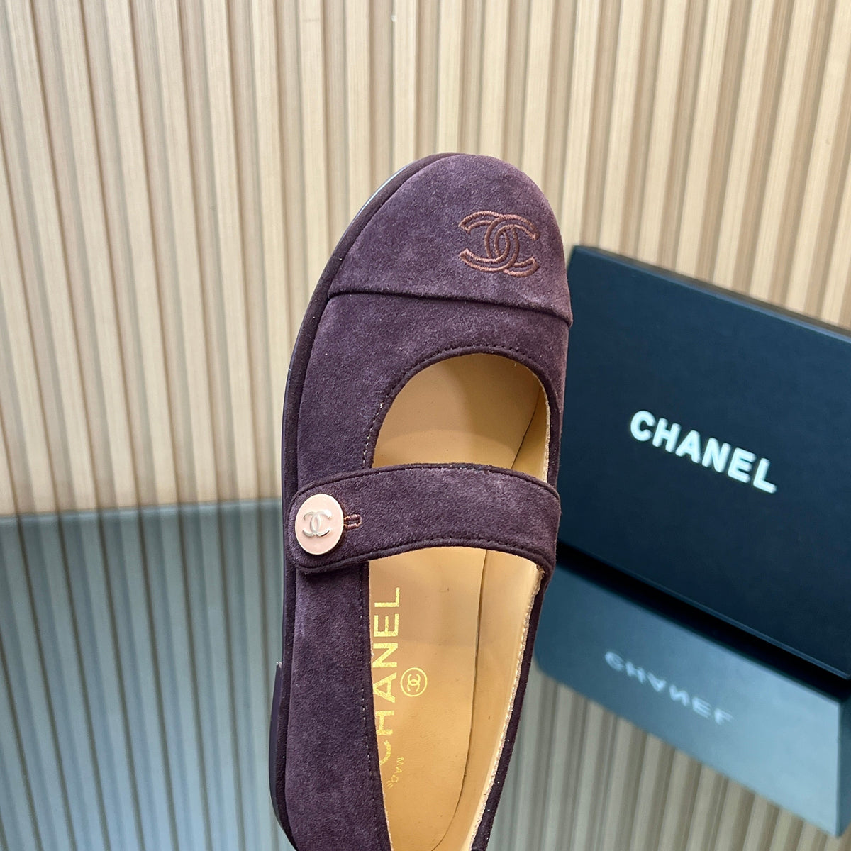 CHANEL 25S DOUBLE-STRAP MARY JANE SHOES IN DARK PURPLE SUEDE