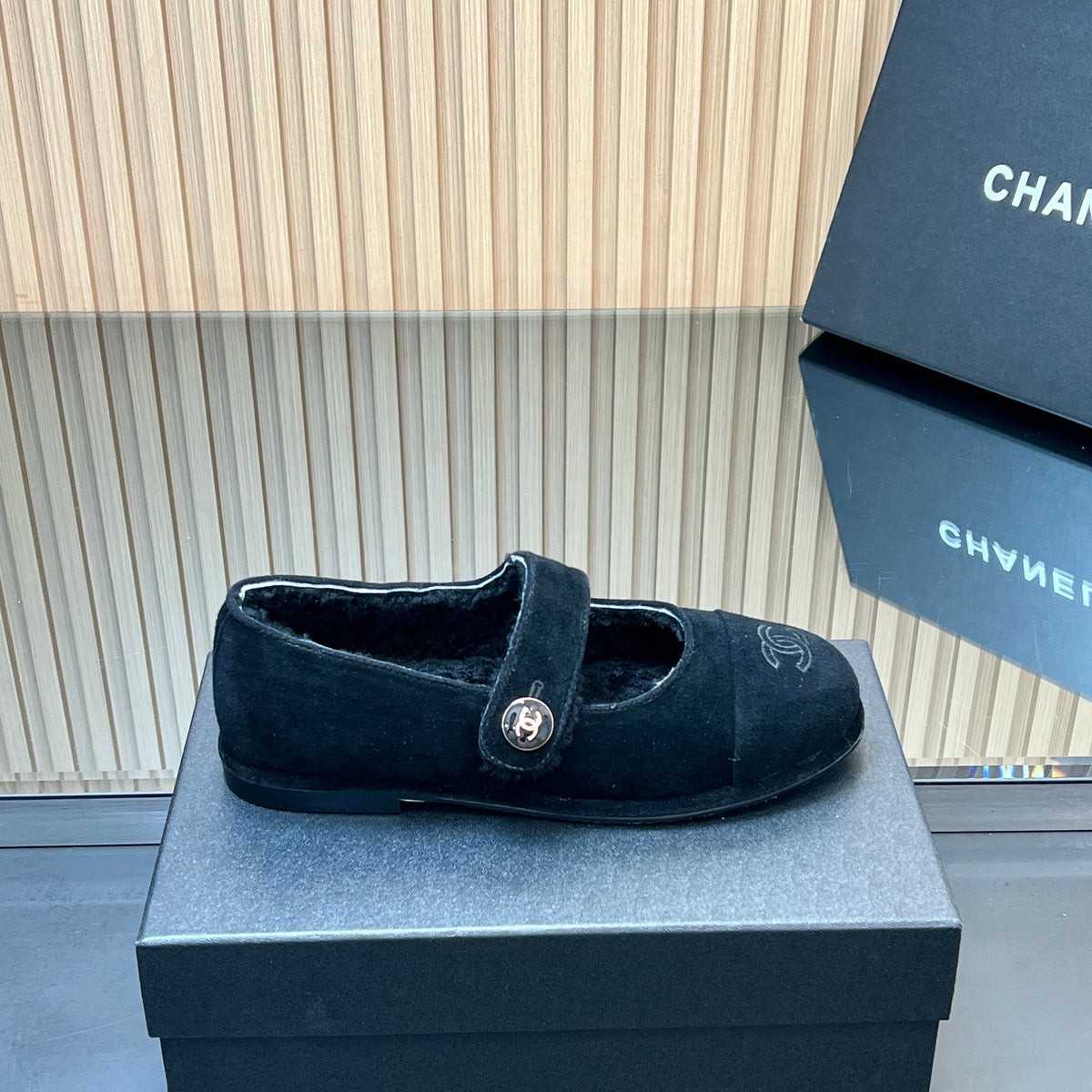 CHANEL 25S FURRY MARY JANE SHOES IN BLACK SUEDE