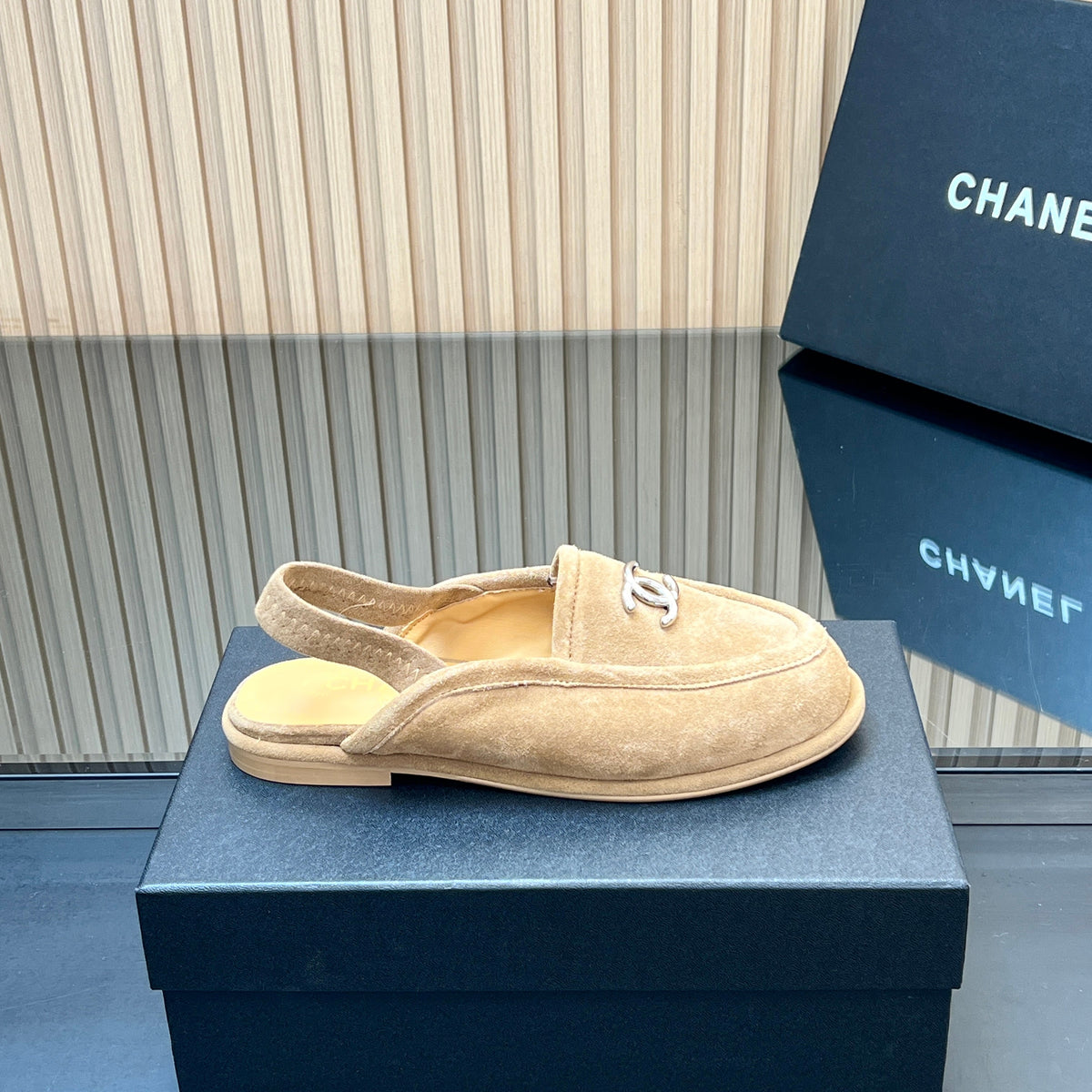 CHANEL 25S BACK STRAP MULE 15MM IN LIGHT BROWN SUEDE SILVER HARDWRE
