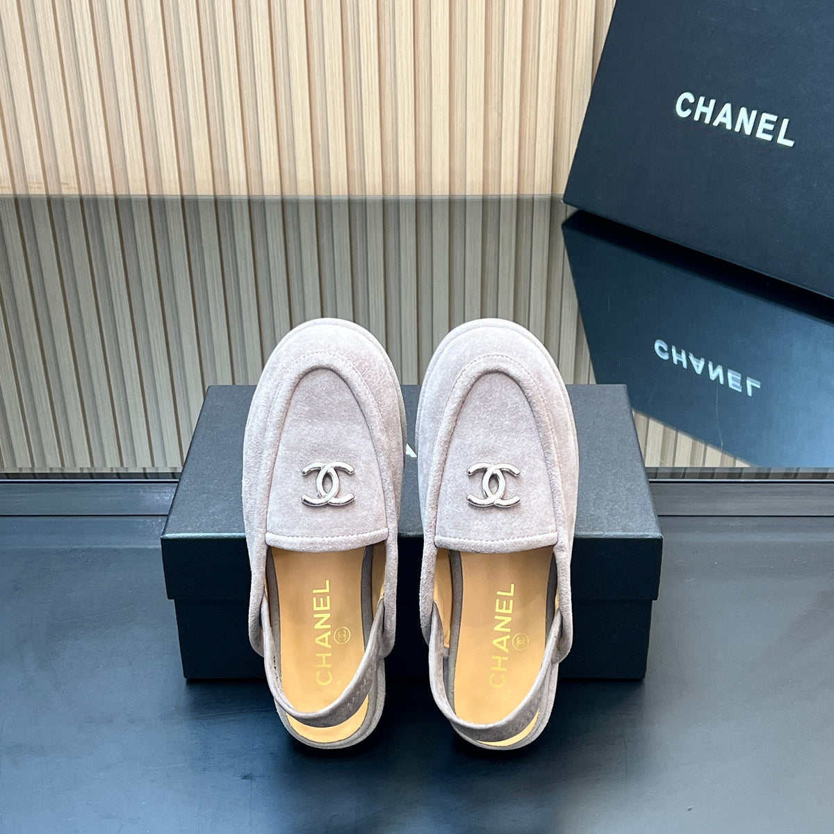 CHANEL 25S BACK STRAP MULE 15MM IN LIGHT GRAY SUEDE SILVER HARDWRE