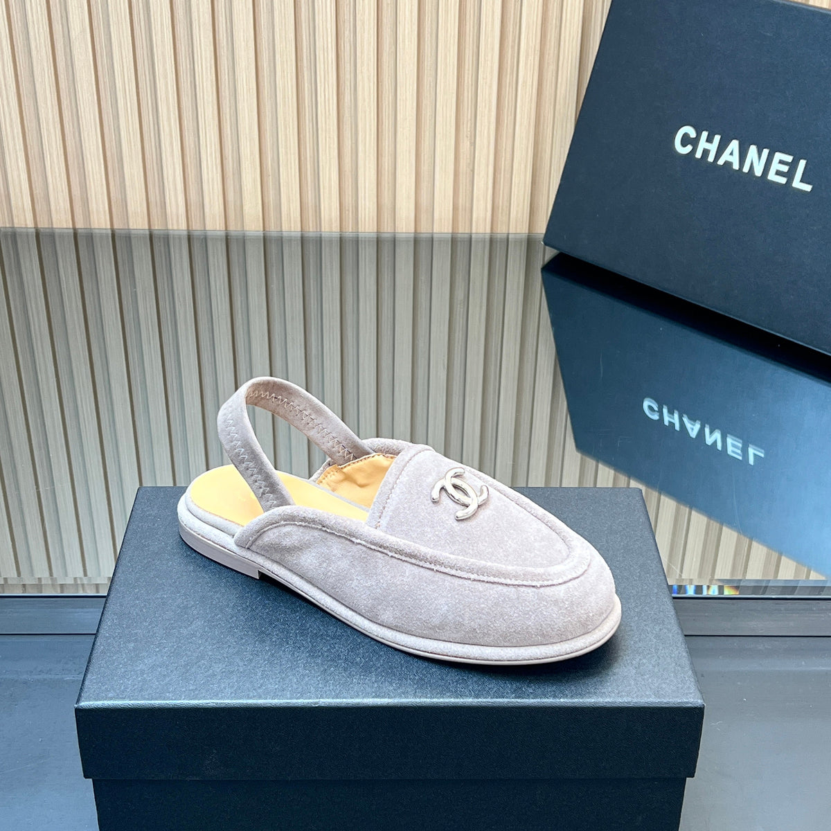 CHANEL 25S BACK STRAP MULE 15MM IN LIGHT GRAY SUEDE SILVER HARDWRE