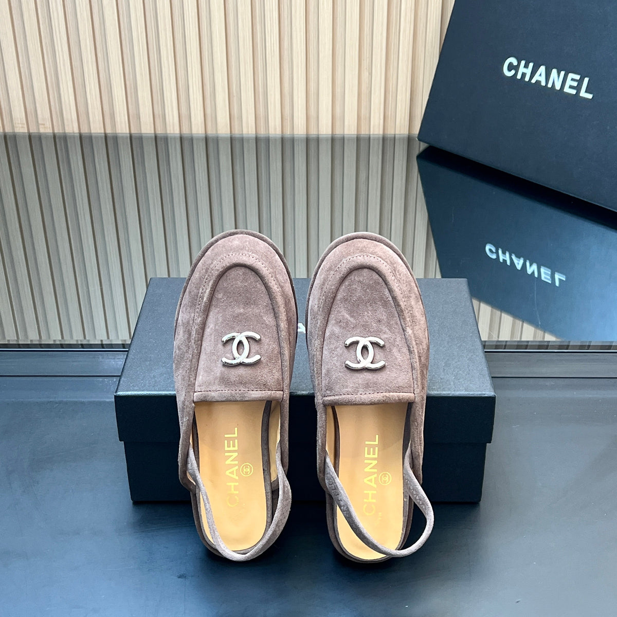 CHANEL 25S BACK STRAP MULE 15MM IN TAUPE GRAY SUEDE SILVER HARDWRE