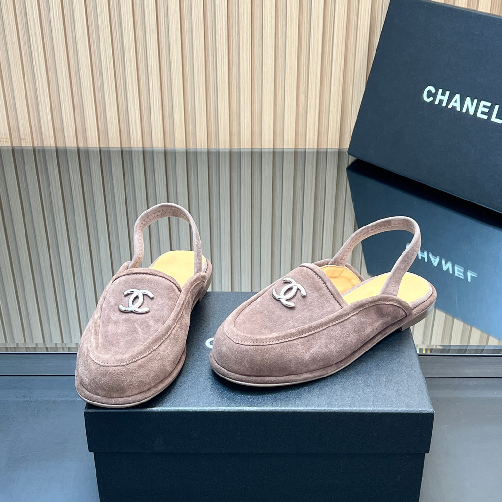 CHANEL 25S BACK STRAP MULE 15MM IN TAUPE GRAY SUEDE SILVER HARDWRE