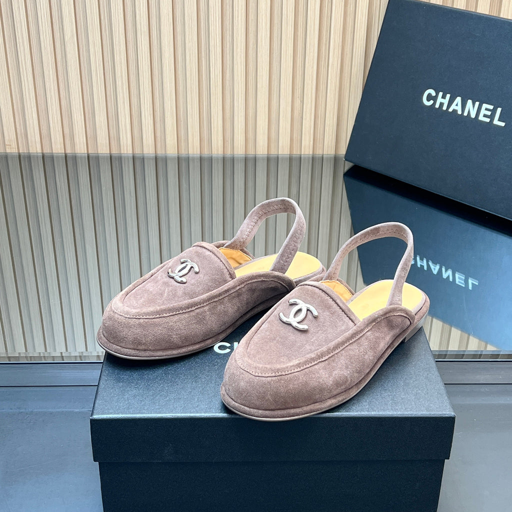 CHANEL 25S BACK STRAP MULE 15MM IN TAUPE GRAY SUEDE SILVER HARDWRE