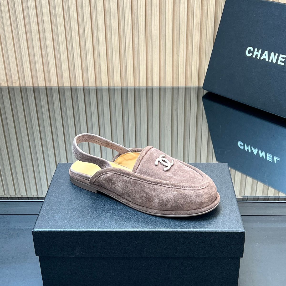 CHANEL 25S BACK STRAP MULE 15MM IN TAUPE GRAY SUEDE SILVER HARDWRE