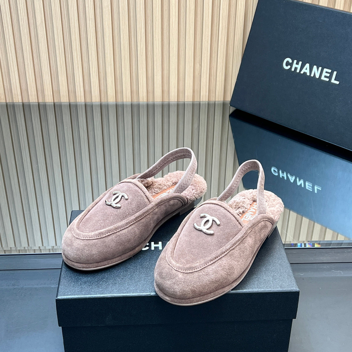 CHANEL 25S BACK STRAP MULE 15MM IN TAUPE GRAY SUEDE AND WOOL SILVER HARDWRE