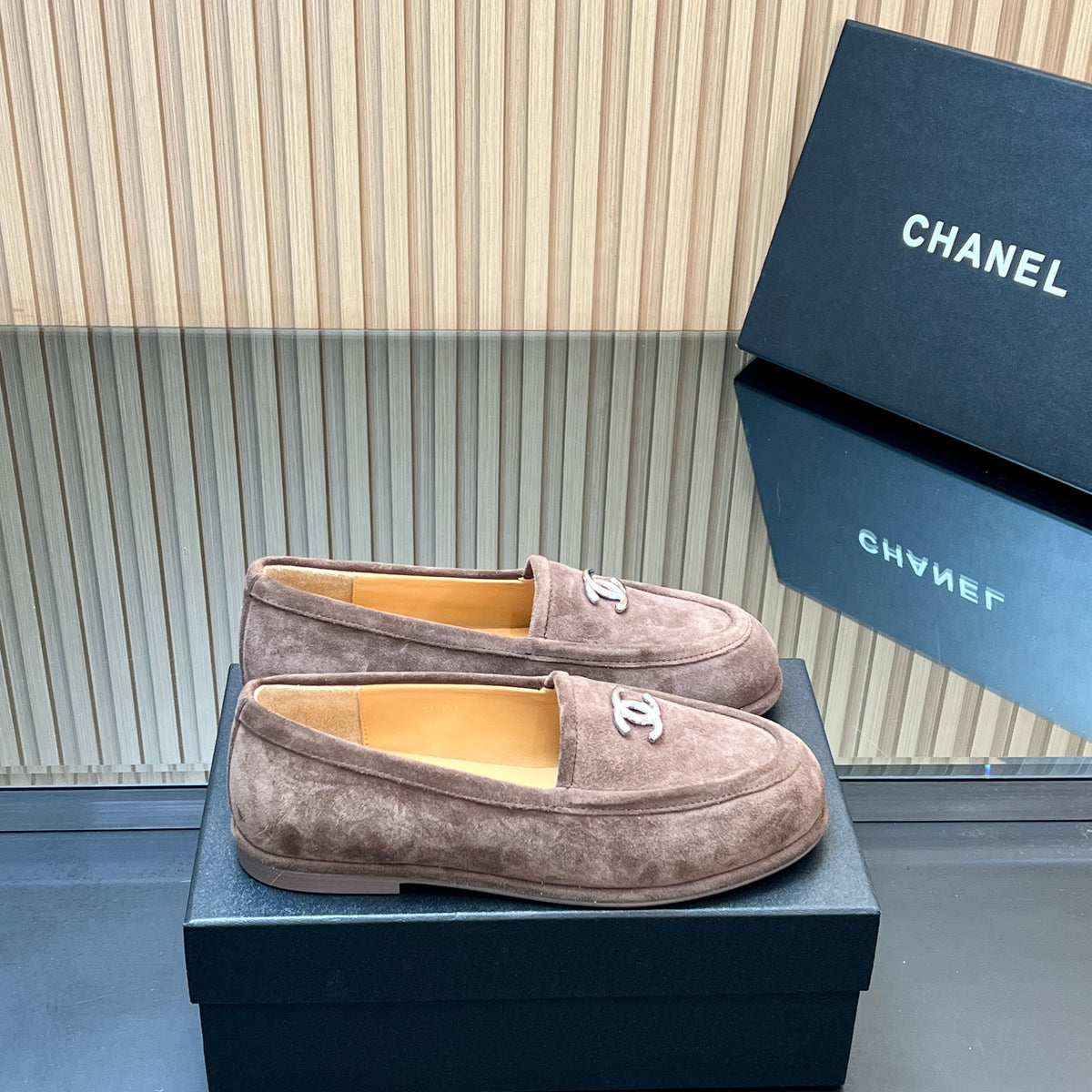 CHANEL 25S TEDDY LOAFER 15MM IN TAUPE GRAY SUEDE SILVER HARDWRE