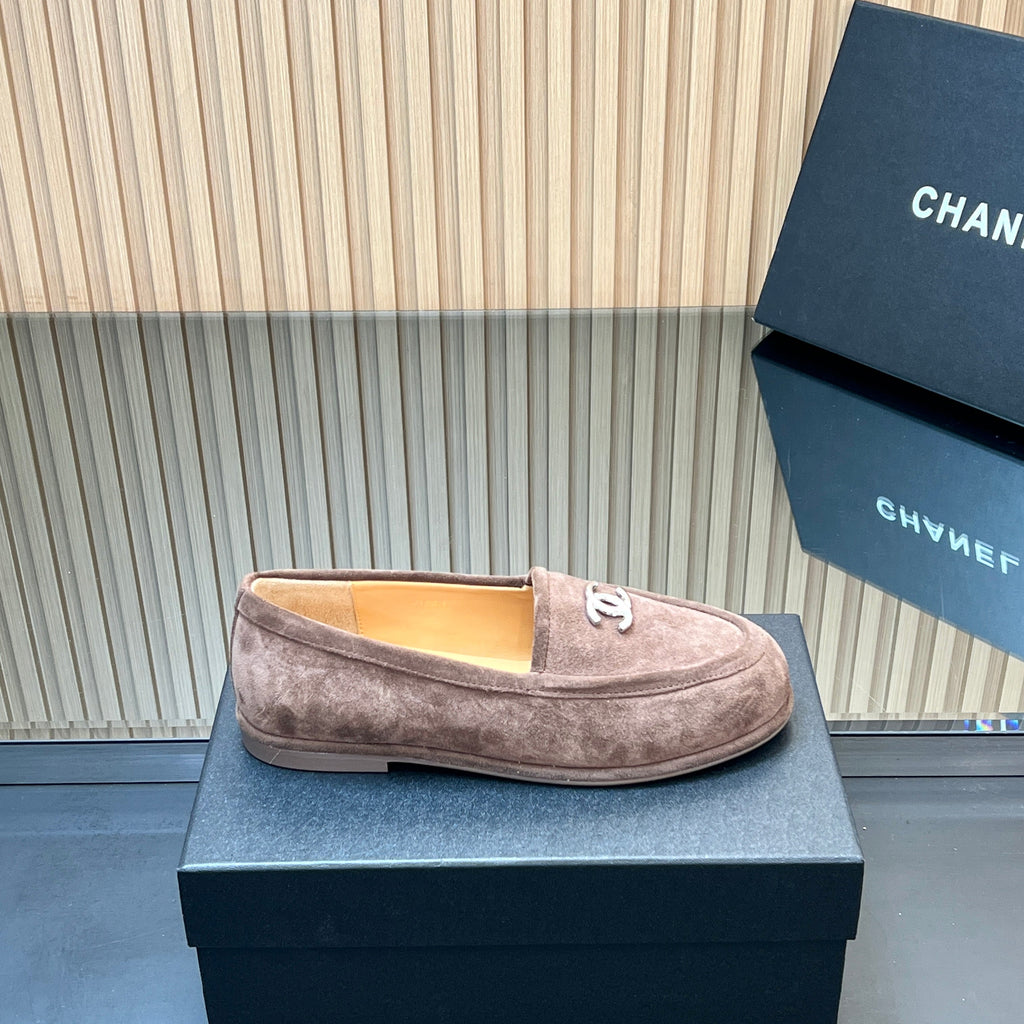 CHANEL 25S TEDDY LOAFER 15MM IN TAUPE GRAY SUEDE SILVER HARDWRE