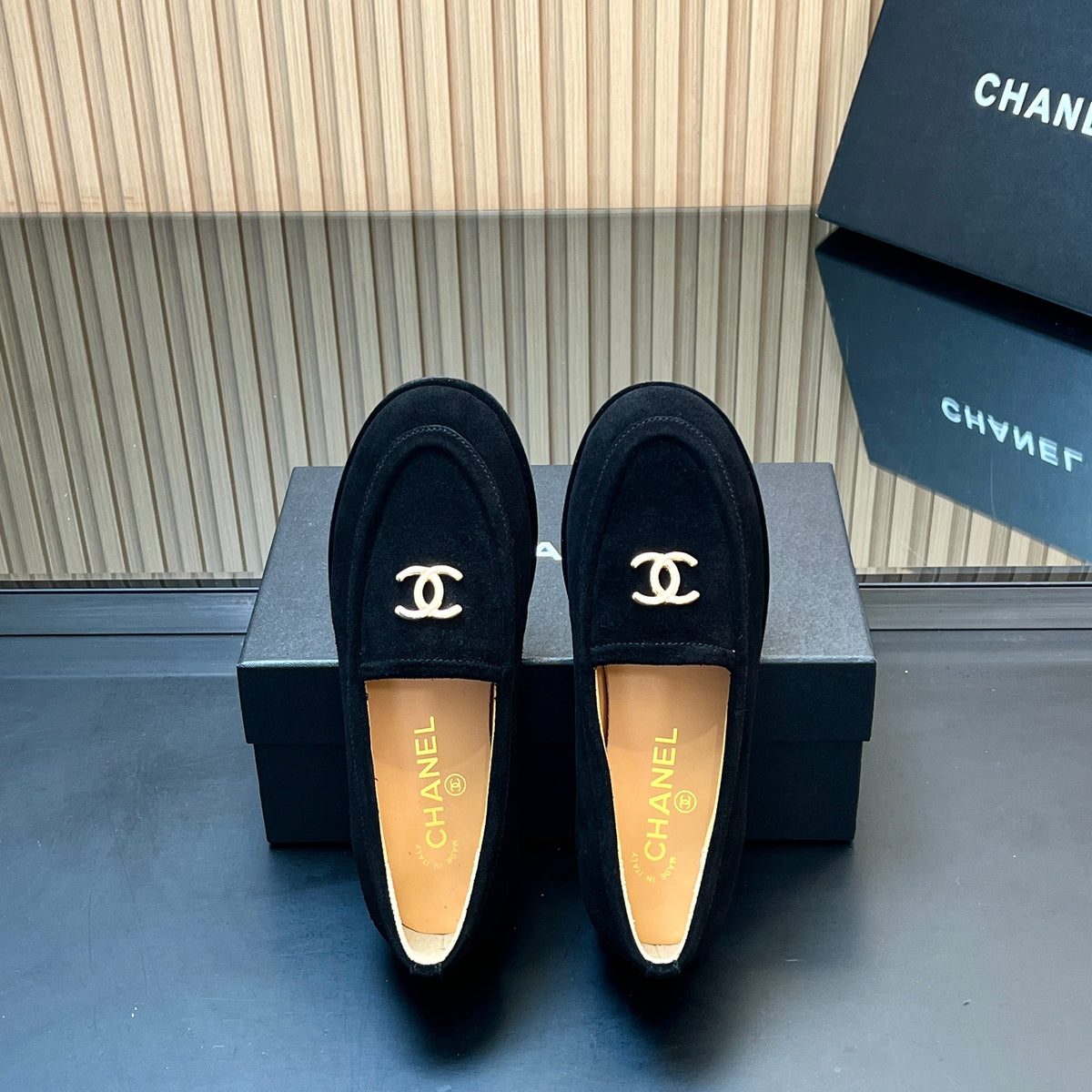 CHANEL 25S TEDDY LOAFER 15MM IN BLACK SUEDE