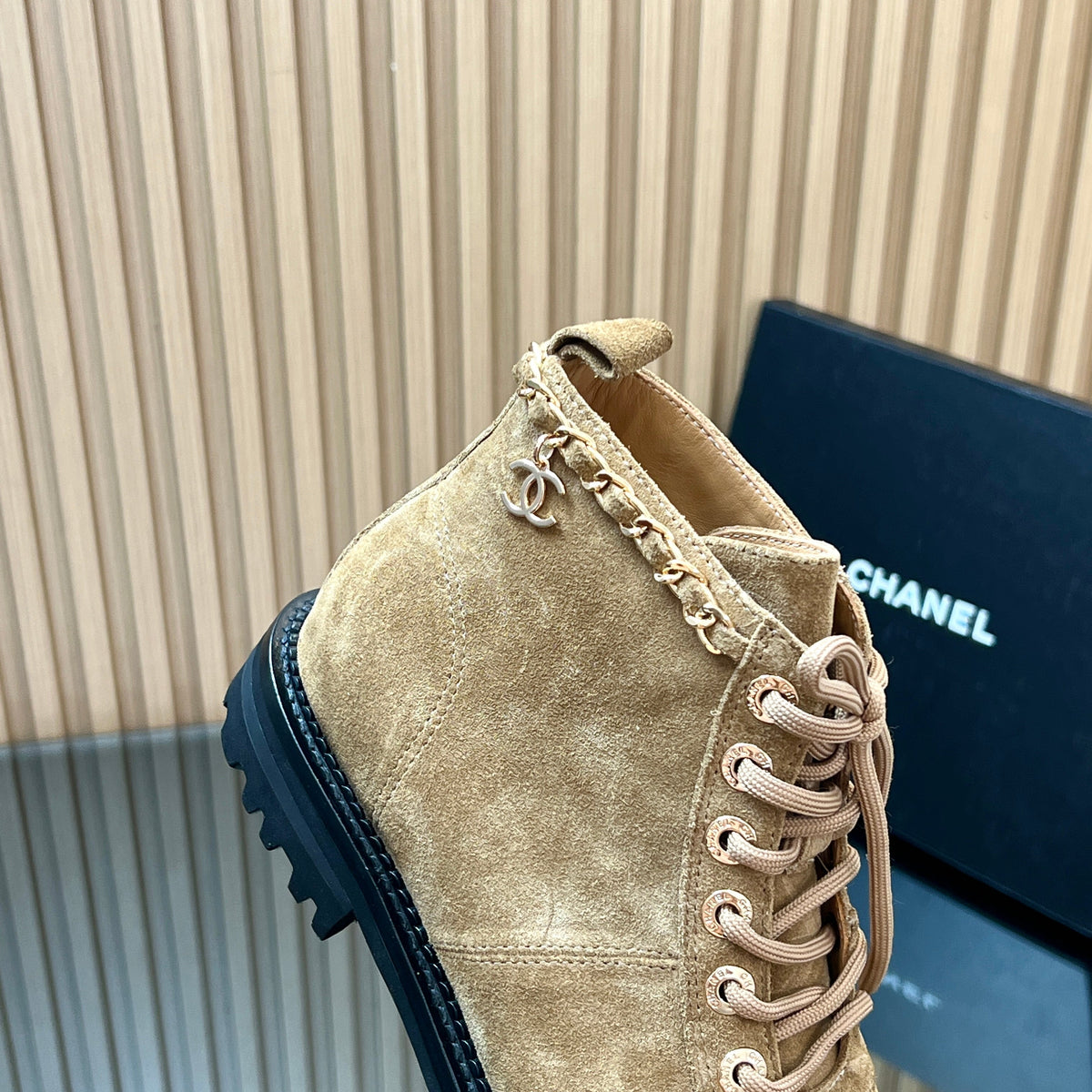 CHANEL 25S MARTIN LACE-UP BOOTS WITH CHAIN DETAIL IN LIGHT BROWN SUEDE