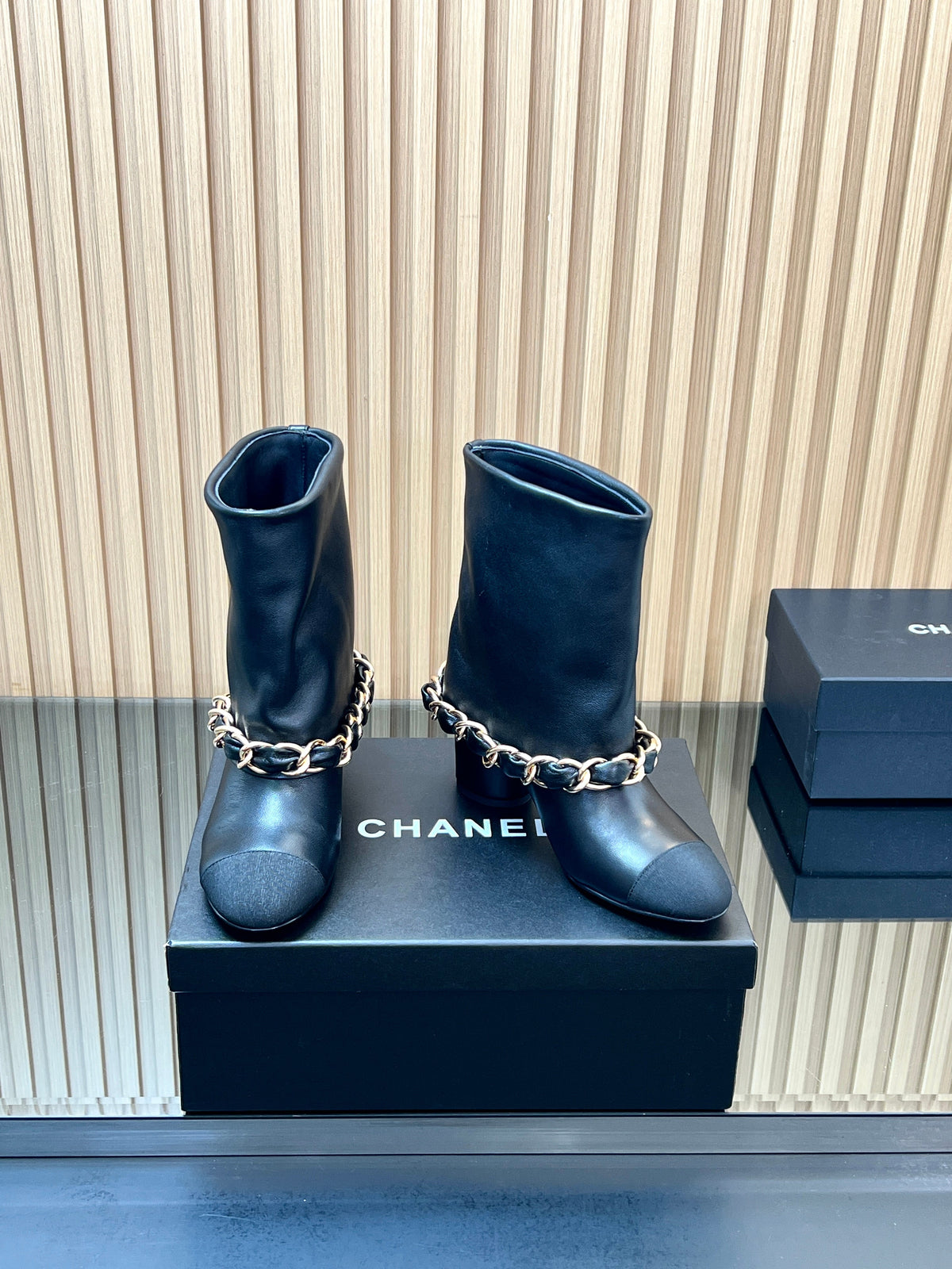 CHANEL 25S LOW BOOTS 65MM IN BLACK CALFSKIN GOLD HARDWRE