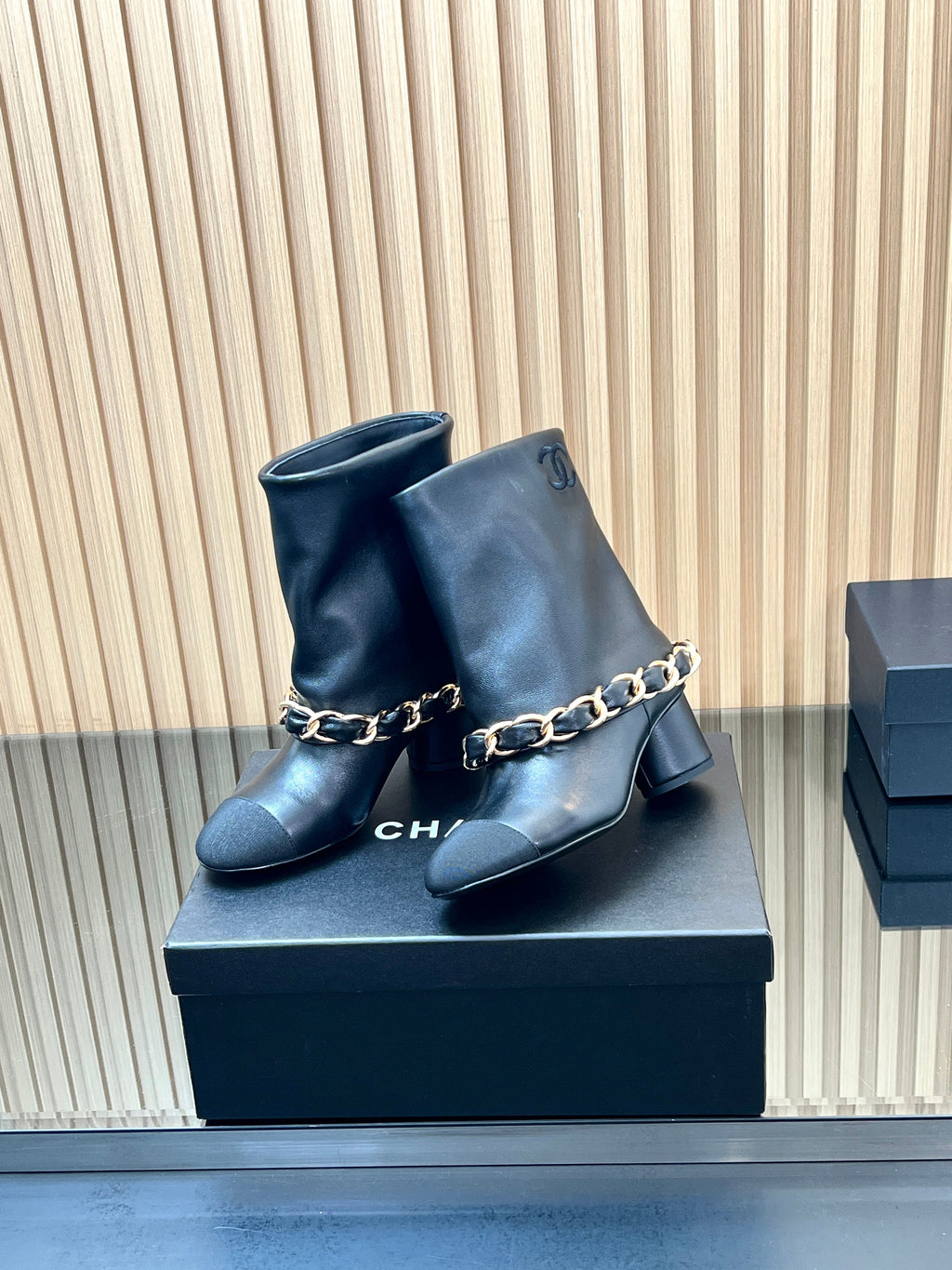 CHANEL 25S LOW BOOTS 65MM IN BLACK CALFSKIN GOLD HARDWRE