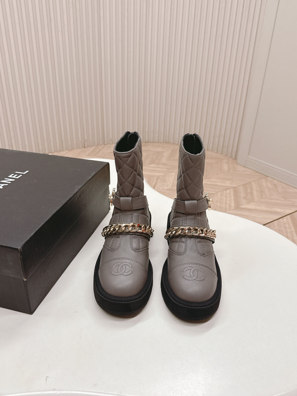 CHANEL ANKLE BOOTS 25S IN SMOKY GREY LAMBSKIN EMBOSSED LOGO WITH GOLD HARDWARE