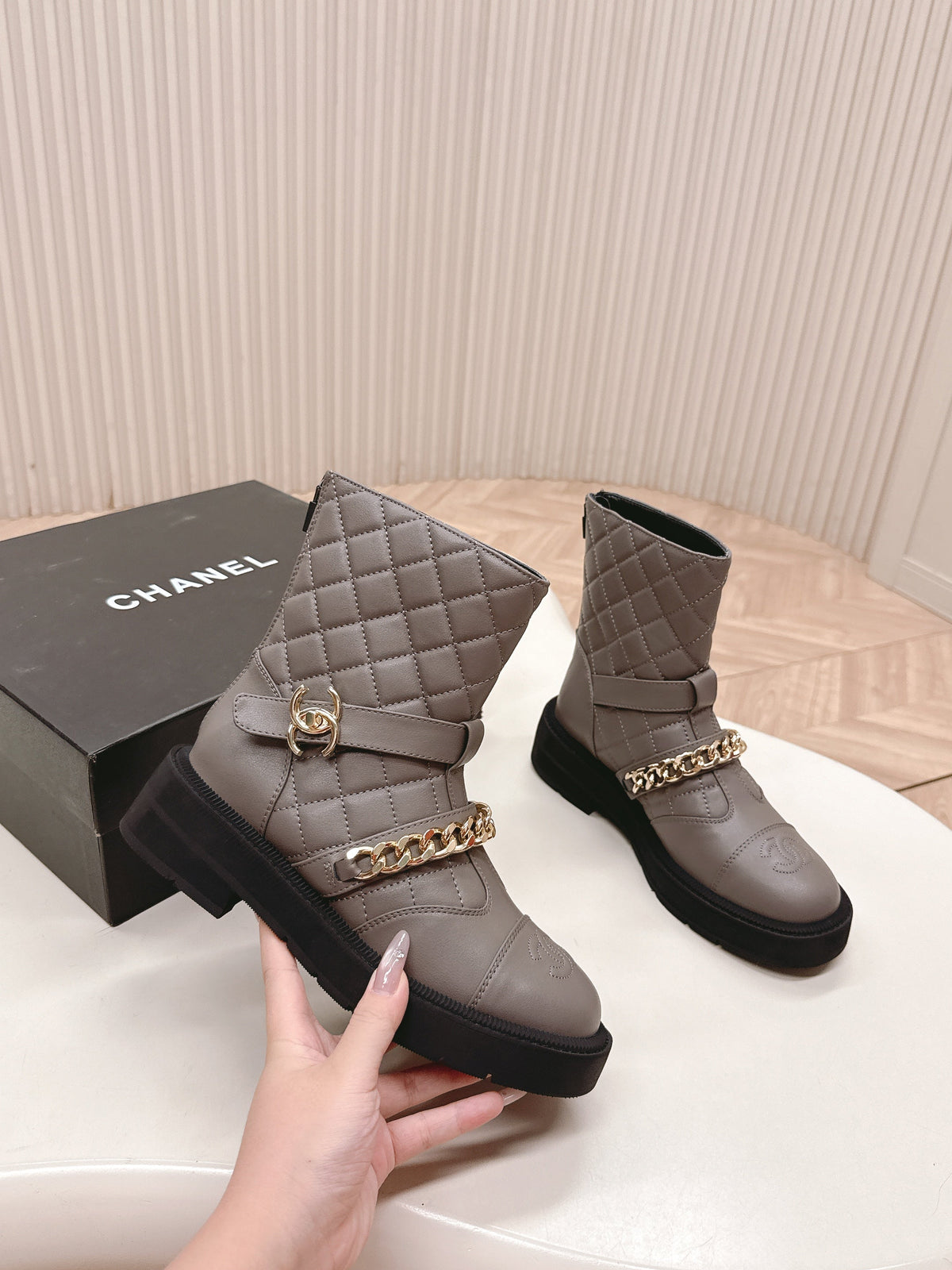 CHANEL ANKLE BOOTS 25S IN SMOKY GREY LAMBSKIN EMBOSSED LOGO WITH GOLD HARDWARE