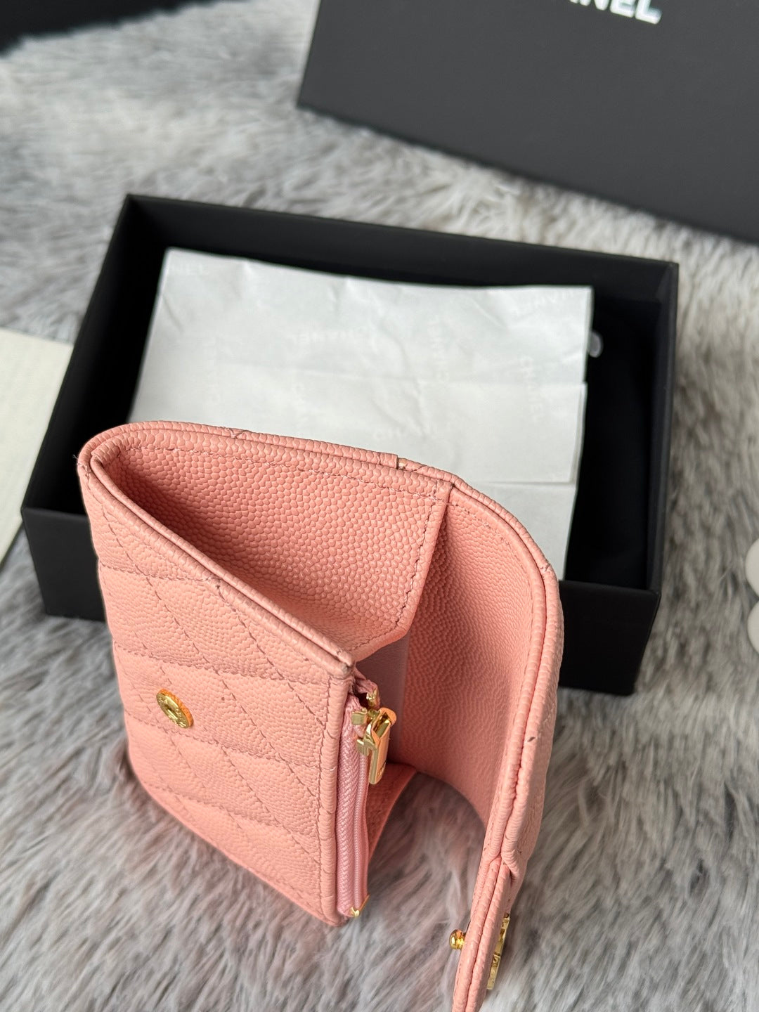 CHANEL 25S CLASSIC FLAP CARD HOLDER 11 IN PEACH PINK CAVIAR GOLD HARDWARE