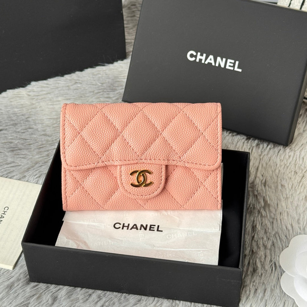CHANEL 25S CLASSIC FLAP CARD HOLDER 11 IN PEACH PINK CAVIAR GOLD HARDWARE