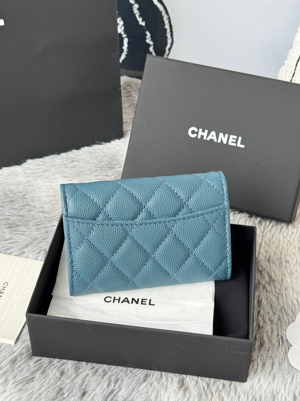 CHANEL 25S CLASSIC FLAP CARD HOLDER 11 IN SLATE BLUE CAVIAR GOLD HARDWARE