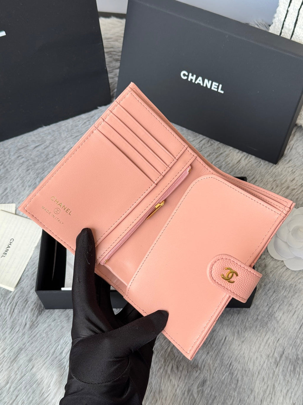 CHANEL 25S MULTI PURPOSE PASSPORT WALLET 15 IN PEACH PINK CALFSKIN GOLD HARDWARE
