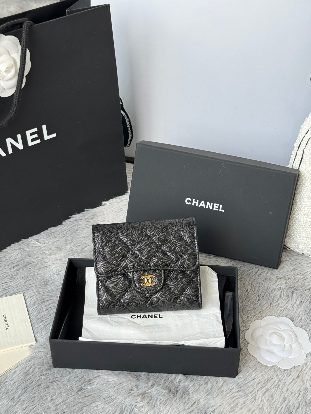 CHANEL 25S CF SMALL TRI FOLD WALLET 11 IN BLACK CAVIAR GOLD HARDWARE