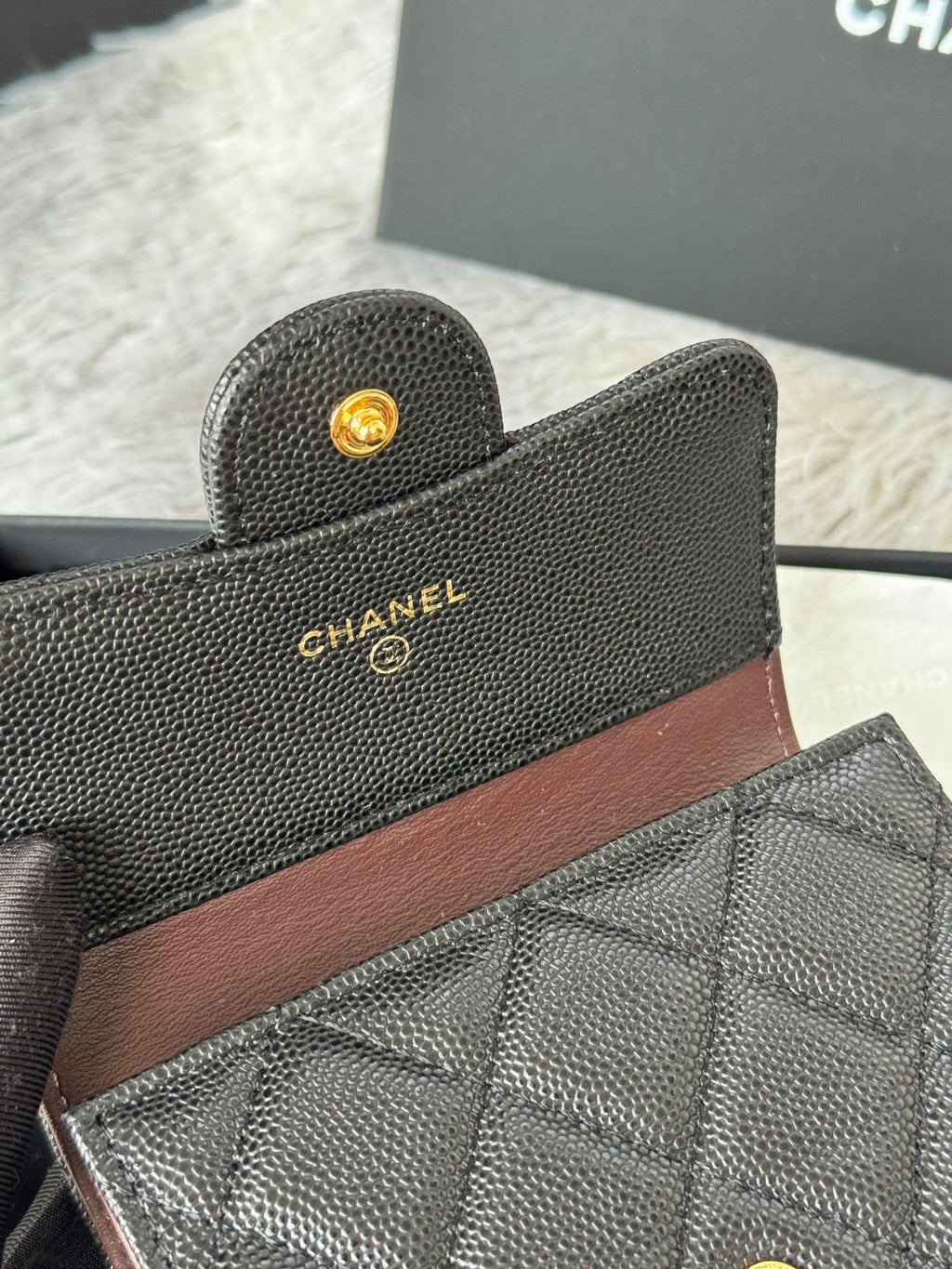 CHANEL 25S CF SMALL TRI FOLD WALLET 11 IN BLACK CAVIAR GOLD HARDWARE