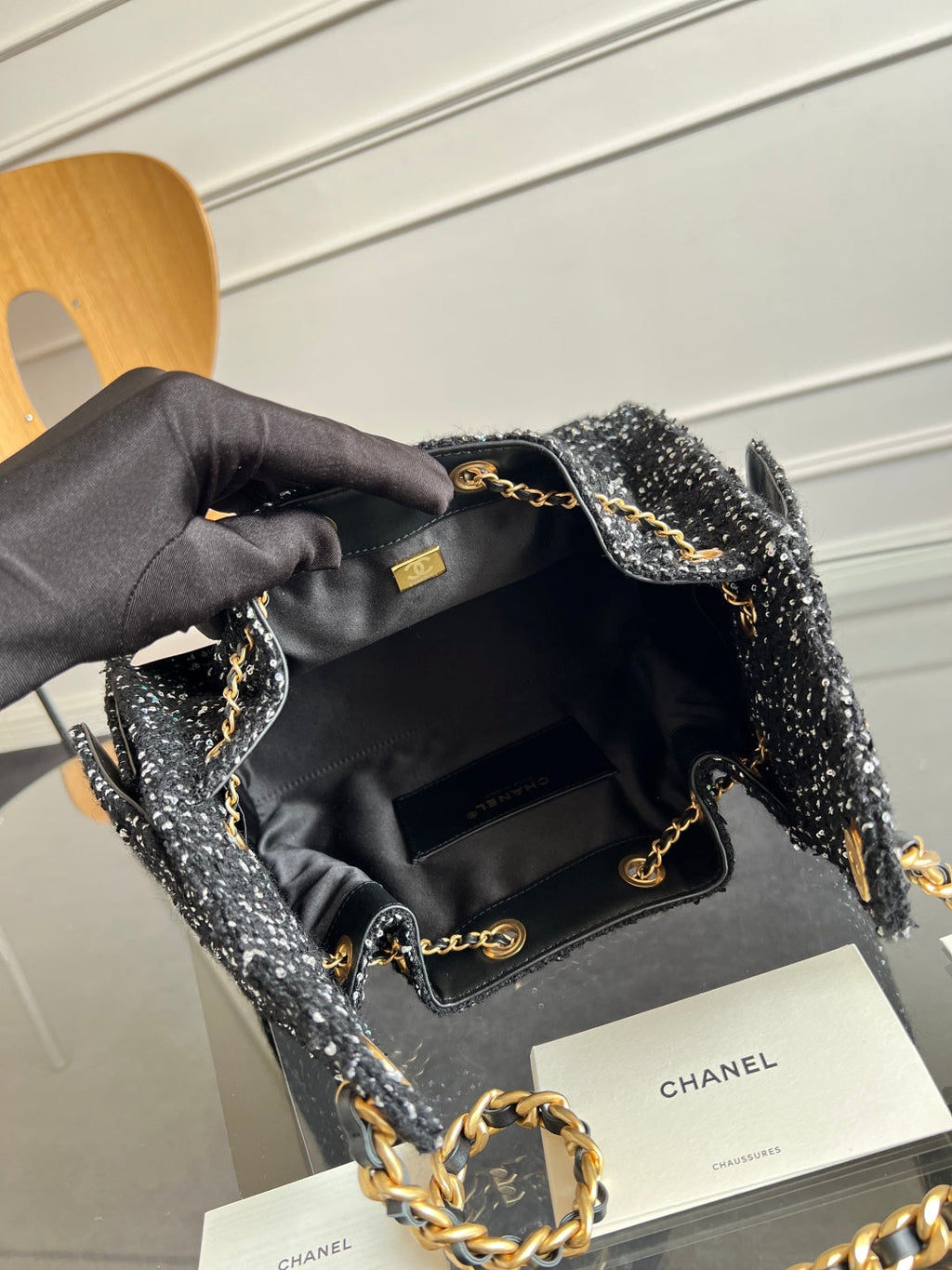 CHANEL 25S HOBO BAG 30 IN BLACK TWEED WITH GOLD HARDWARE